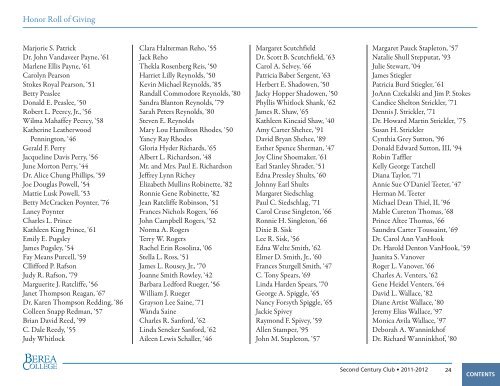 Honor Roll of Giving, 2011-2012 - Berea College