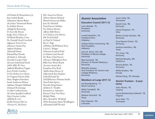 Honor Roll of Giving, 2011-2012 - Berea College