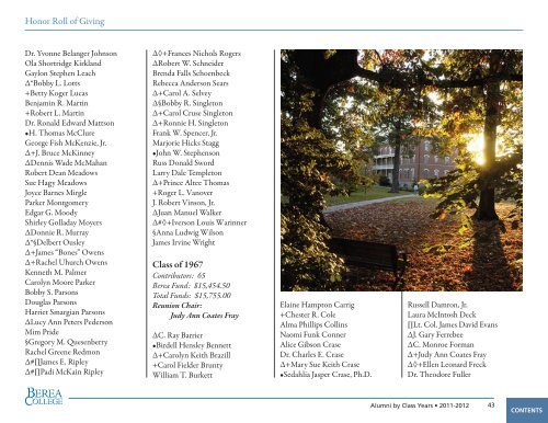 Honor Roll of Giving, 2011-2012 - Berea College