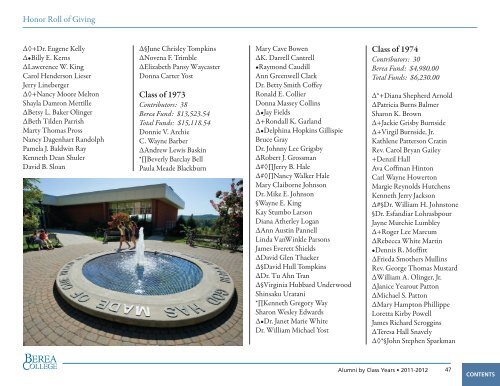 Honor Roll of Giving, 2011-2012 - Berea College