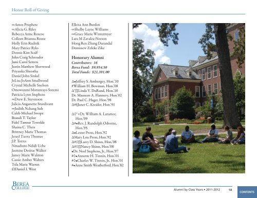 Honor Roll of Giving, 2011-2012 - Berea College