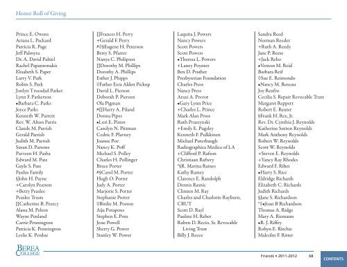 Honor Roll of Giving, 2011-2012 - Berea College