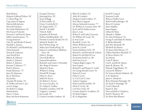 Honor Roll of Giving, 2011-2012 - Berea College