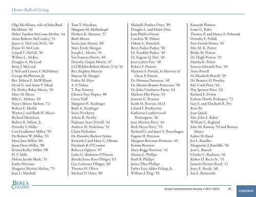 Honor Roll of Giving, 2011-2012 - Berea College