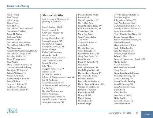 Honor Roll of Giving, 2011-2012 - Berea College