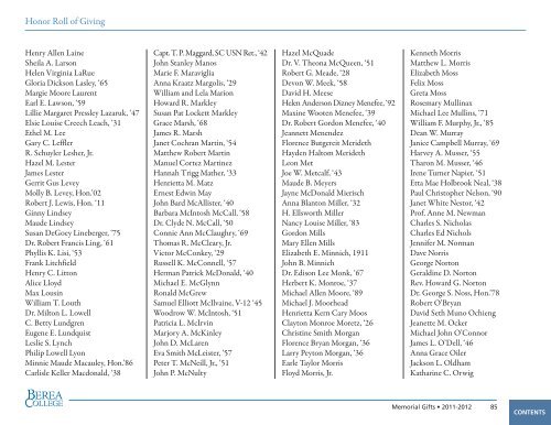 Honor Roll of Giving, 2011-2012 - Berea College