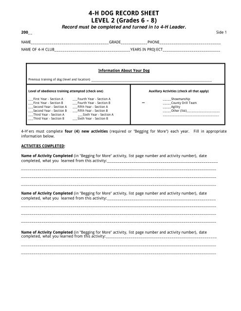 4-H DOG RECORD SHEET LEVEL 2 (Grades 6 - 8)