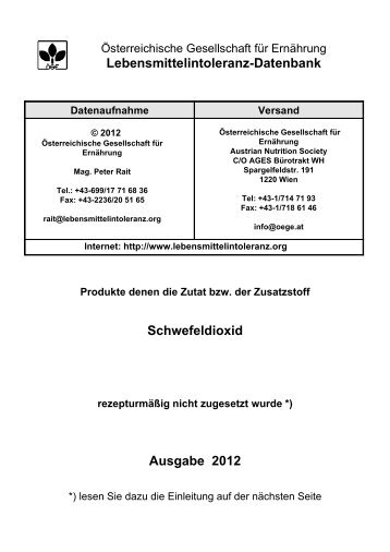 Lebensmittelintoleranz-Datenbank Schwefeldioxid Ausgabe 2012