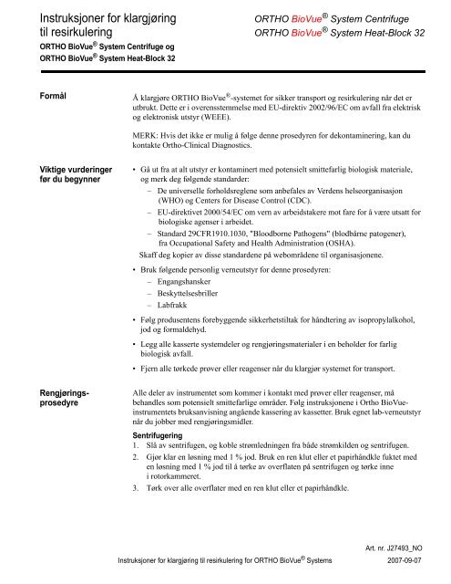 Instruksjoner for klargjÃ¸ring til resirkulering - Ortho Clinical Diagnostics