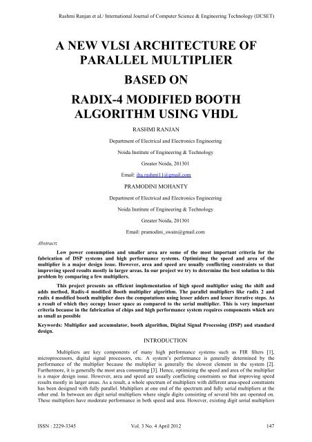 a new vlsi architecture of parallel multiplier based on radix ... - IJCSET