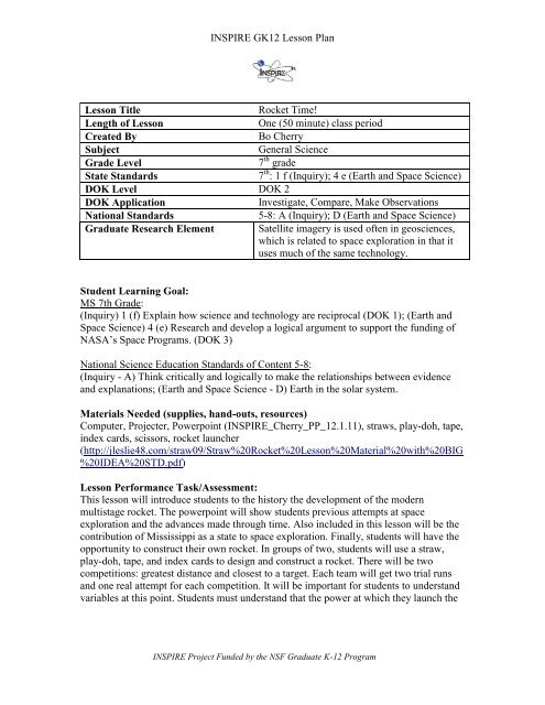 Inspire Gk12 Lesson Plan Lesson Title Rocket Time Length Of