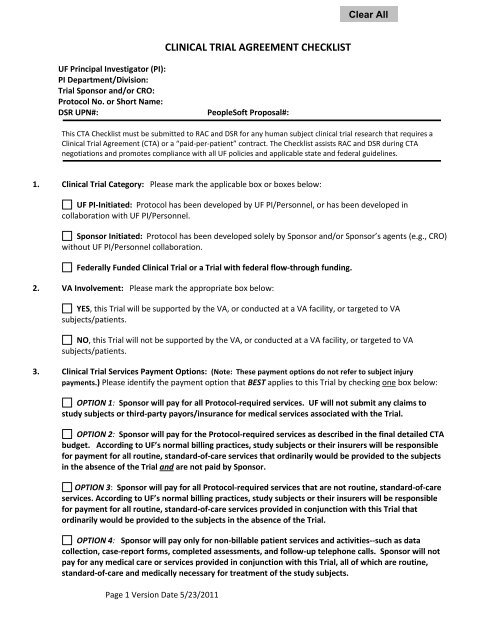 CLINICAL TRIAL AGREEMENT CHECKLIST