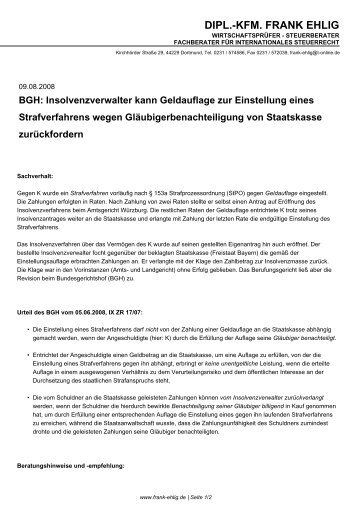 BGH: Insolvenzverwalter kann Geldauflage zur ... - Frank-ehlig.de