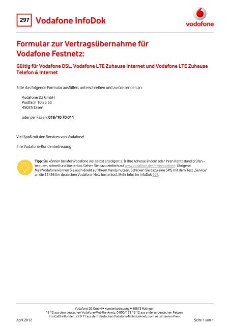 Infodok 297: Formular zur Vertragsübernahme für Vodafone Festnetz