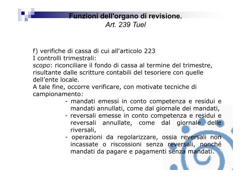 Funzioni dell'organo di revisione. Art. 239 Tuel - Associazione ...