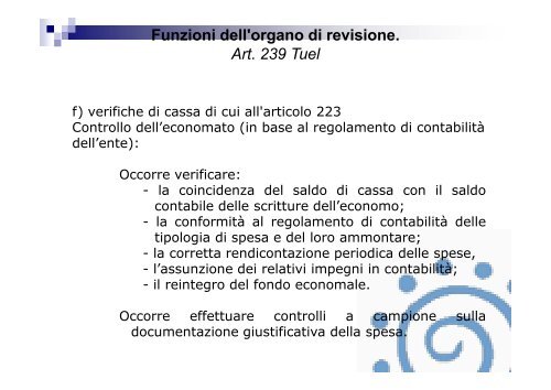 Funzioni dell'organo di revisione. Art. 239 Tuel - Associazione ...