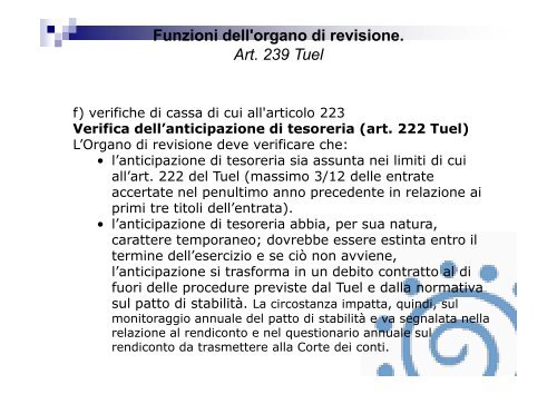 Funzioni dell'organo di revisione. Art. 239 Tuel - Associazione ...