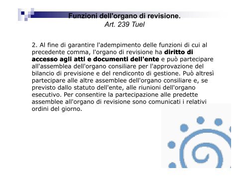 Funzioni dell'organo di revisione. Art. 239 Tuel - Associazione ...