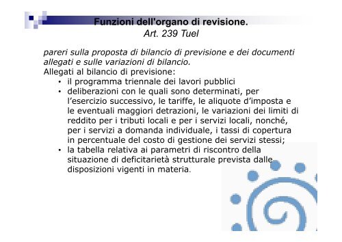 Funzioni dell'organo di revisione. Art. 239 Tuel - Associazione ...