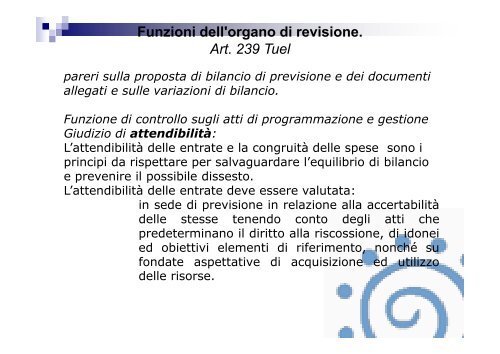 Funzioni dell'organo di revisione. Art. 239 Tuel - Associazione ...