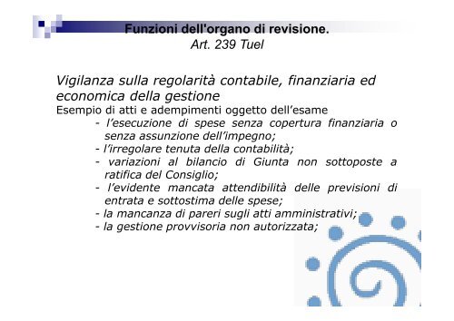 Funzioni dell'organo di revisione. Art. 239 Tuel - Associazione ...