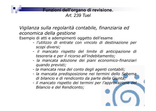 Funzioni dell'organo di revisione. Art. 239 Tuel - Associazione ...