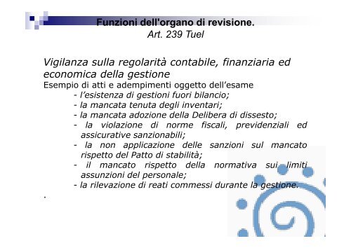 Funzioni dell'organo di revisione. Art. 239 Tuel - Associazione ...