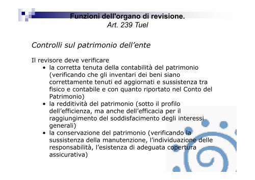 Funzioni dell'organo di revisione. Art. 239 Tuel - Associazione ...