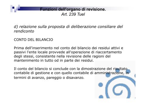 Funzioni dell'organo di revisione. Art. 239 Tuel - Associazione ...