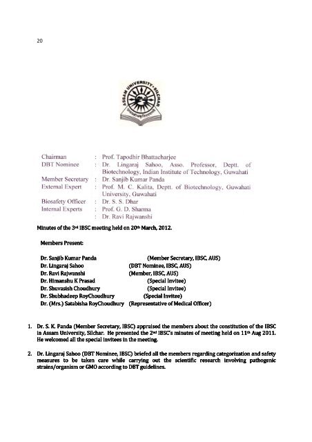 Institutional Biosafety Committee(IBSC) - Assam University