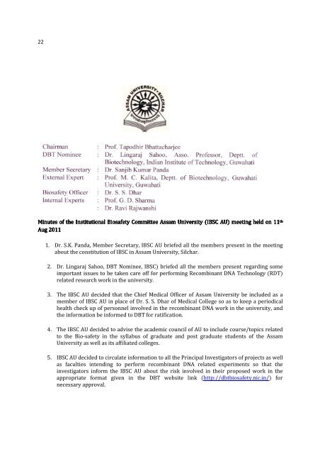 Institutional Biosafety Committee(IBSC) - Assam University