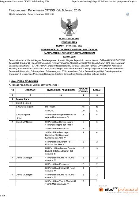 Formasi Cpns Kabupaten Buleleng Tahun Anggaran 2010