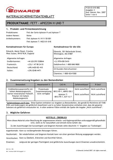 fett - apiezon h und t - Edwards