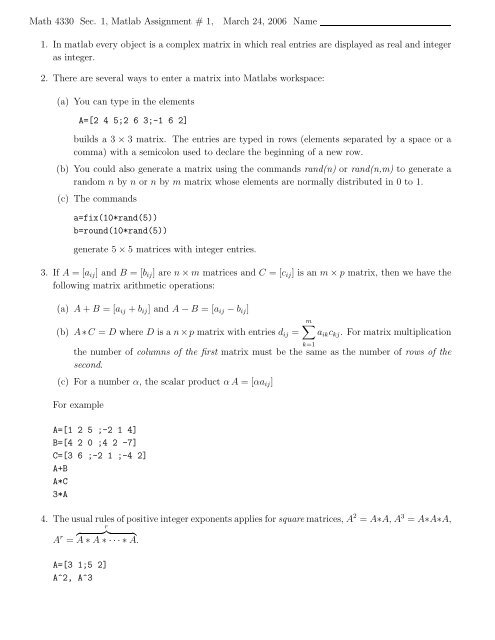 Math 4330 Sec. 1, Matlab Assignment # 1, March 24, 2006 Name 1 ...