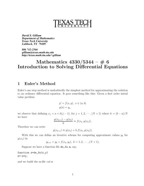 Matlab Lesson 6 for Math 4330 and 5344 - Texas Tech University