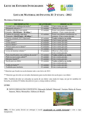 Lista do Infantil II - 2Âª Etapa - Baixe aqui - Liceu de Estudos Integrados