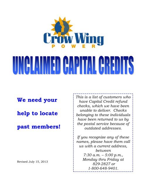 Unclaimed capital credits - Crow Wing Power