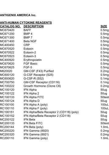 ANTIGENIX AMERICA Inc. ANTI-HUMAN CYTOKINE ... - Life Sciences