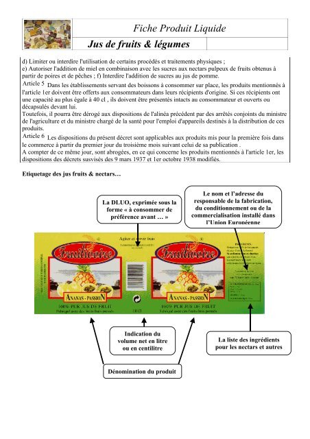 Fiche Produit Liquide Jus de fruits & lÃ©gumes