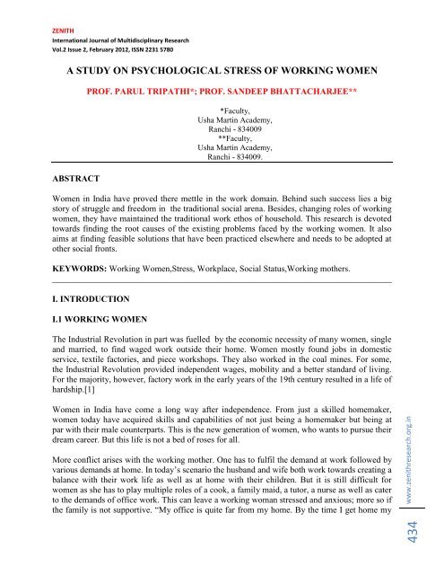 a study on psychological stress of working women - zenith ...