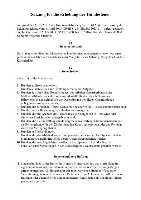 Satzung fÃ¼r die Erhebung der Hundesteuer - Gemeinde Bad Kohlgrub
