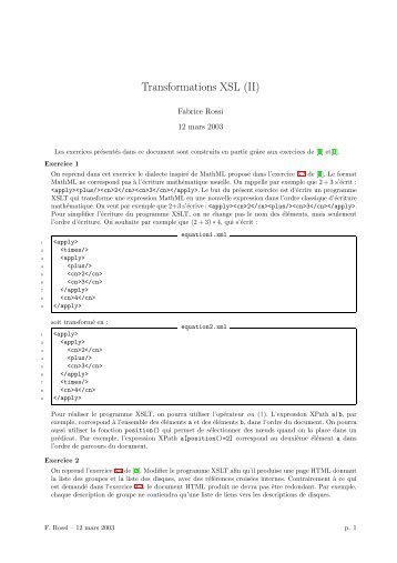 Exercices XML : transformations XSL - Fabrice Rossi