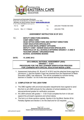 ASSESSMENT INSTRUCTION 38 OF 2012 TO ... - Ecexams.co.za