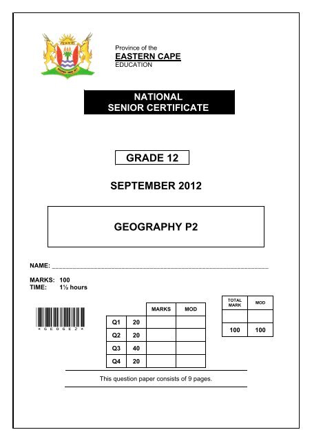 GRADE 12 SEPTEMBER 2012 GEOGRAPHY P2 - Ecexams.co.za