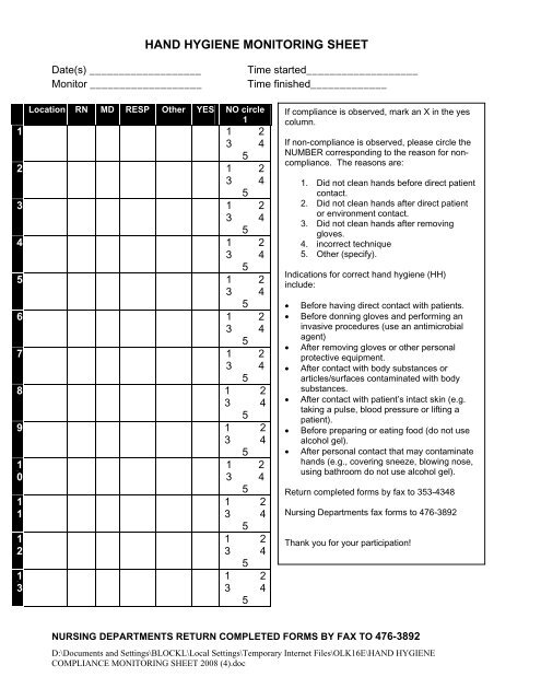 HAND HYGIENE MONITORING SHEET - Infection Control