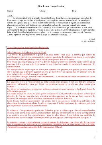 1 Fiche lecture / comprÃ©hension Nom : Classe : Date : Texte : Le ...