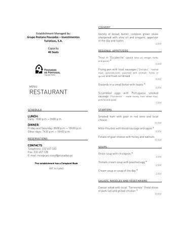 Carta Restaurante Inglês - Pousadas de Portugal