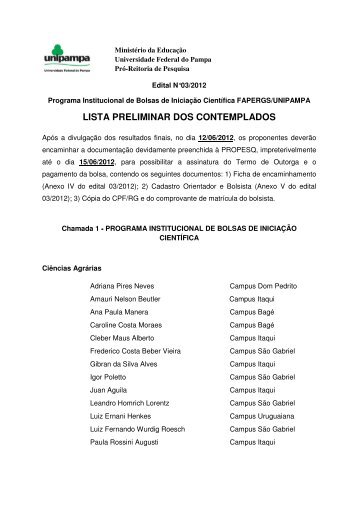 LISTA PRELIMINAR DOS CONTEMPLADOS - Reitoria - Unipampa