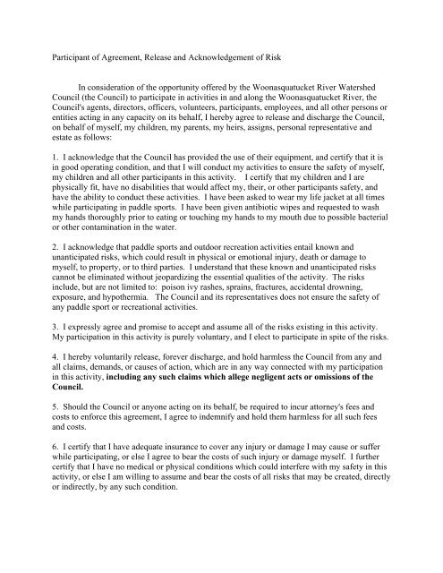 Participant of Agreement, Release and Acknowledgement of Risk In ...