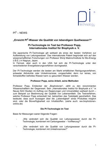 PI-Technologie im Test bei Professor Popp, In - trinkbar.ch